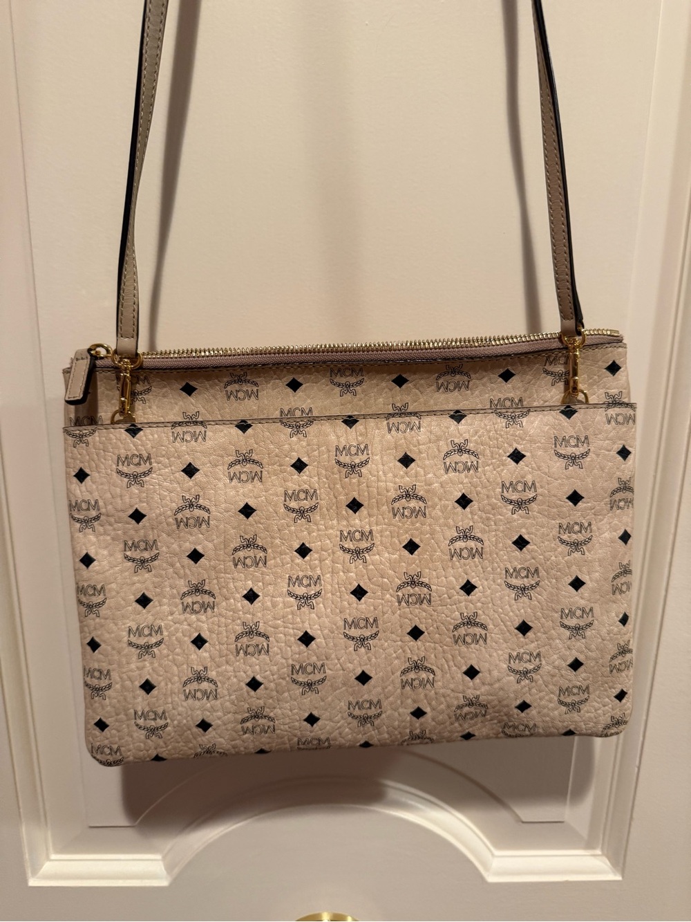 MCM Beige Visetos Logo Crossbody with Black Accents